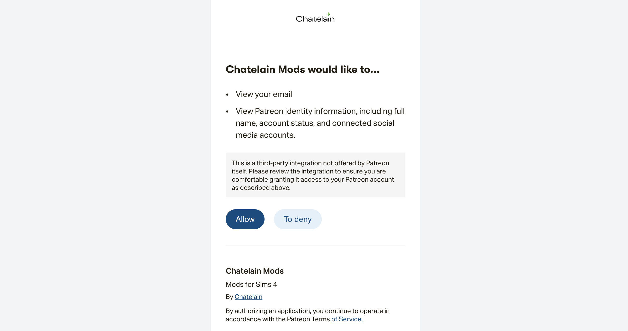 The Patreon consent screen shown when you click Sign in with Patreon. Headline reads "Chatelain Mods would like to..." followed by two bullets (View your email, View Patreon identity information) and an Allow button.